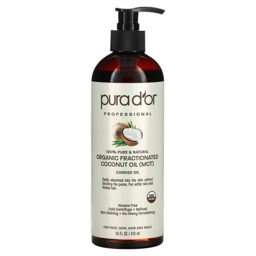 PURA D'OR Organic Fractionated Coconut Oil (16oz) USDA Certified 100% Pure & Natural Carrier Oil