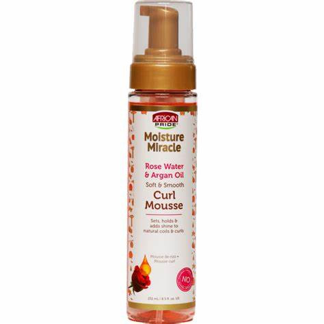 African Pride Moisture Miracle Rose Water & Argan Oil Curl Hair Mousse, Flexible Hold, Enhances Curls, Creates Wave Patterns, No Residue, Deep Moisture, Adds Shine, Strengthens & Protects Hair, 8.5 oz